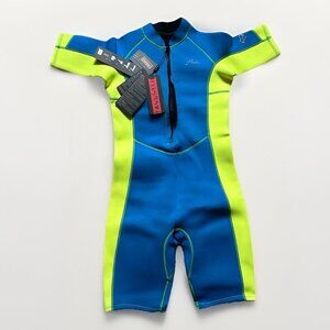 Hevto Youth Shorty Zip Front Wetsuit Blue & Neon New w/Tags Size 14 Watersports